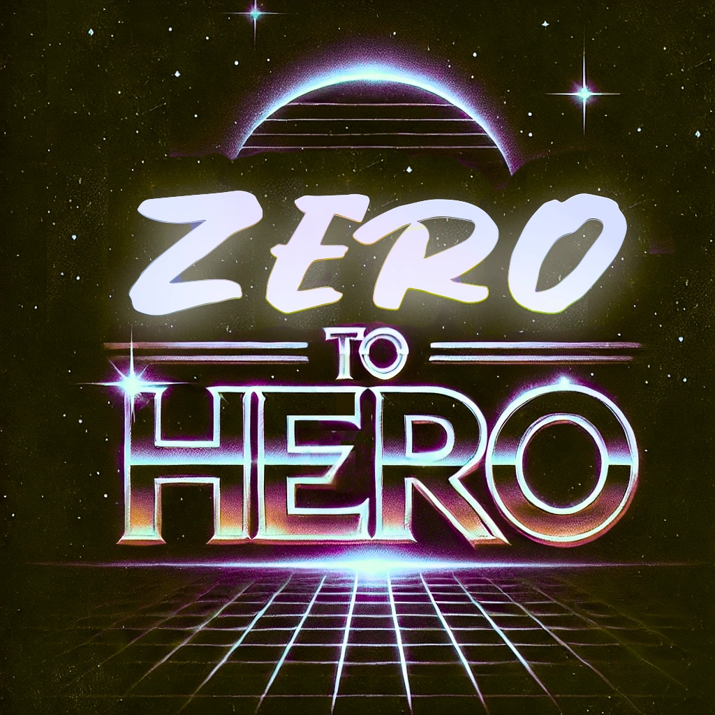 An 80s retro-style graphic design showing 'ZERO TO HERO' text against a starry space background. The text features chrome-like metallic lettering with rainbow gradients, characteristic of 1980s synthwave aesthetic. Above the text is a glowing curved arc with horizontal lines. The design includes a perspective grid at the bottom and twinkling stars scattered throughout, creating a classic retrowave/synthwave visual style.